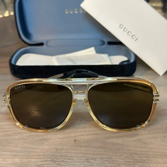 New! GUCCI Men’s Aviators Orange-Brown-Silver Sunglasses - Picture 2 of 7